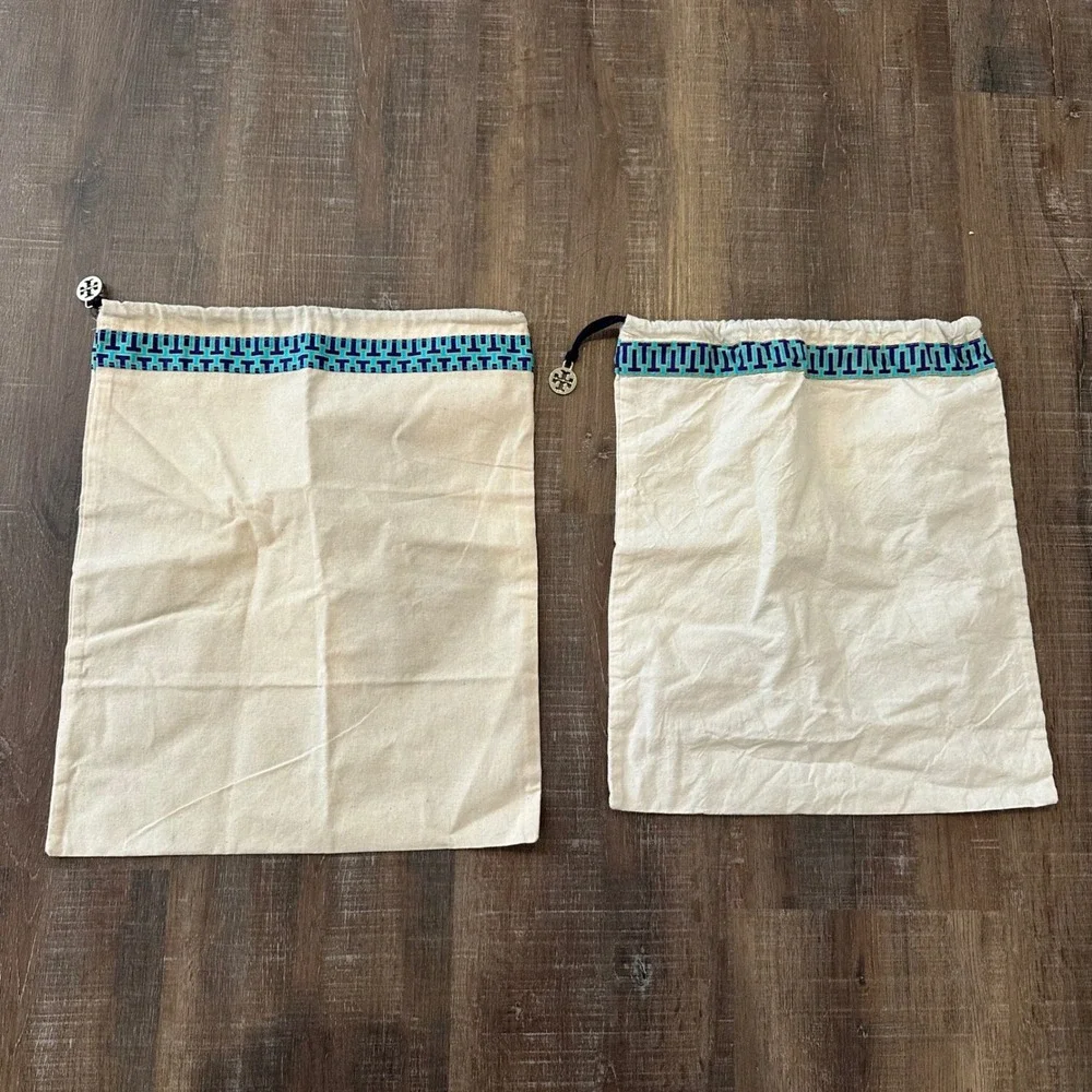 Tory Burch Set of 2 Cotton Dust Bags Cream Blue Logo Trim Drawstring Gold Charm